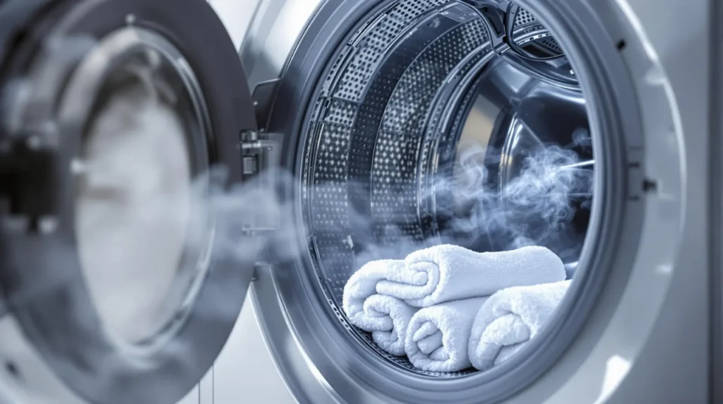 Stoom dat uit de trommel van een wasmachine komt